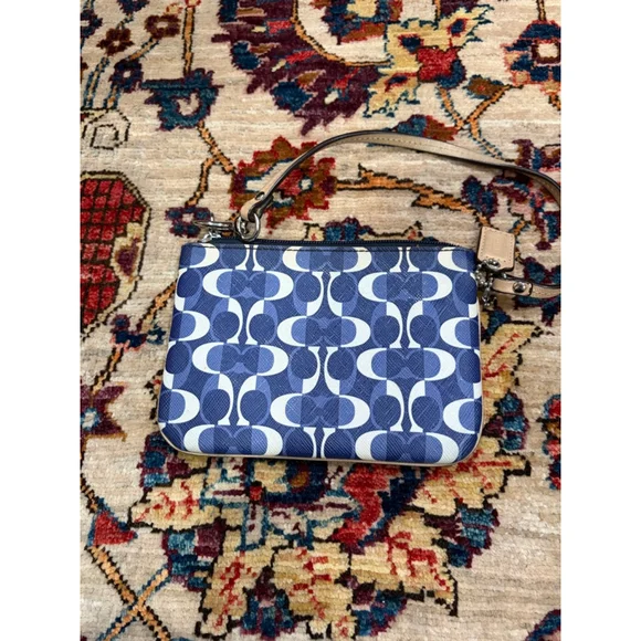 Coach Blue White Signature Op Art Wristlet Clutch Leather Trim - Picture 4 of 9